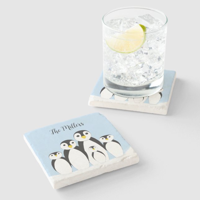 Cute Penguin Family Stone Coaster (Side)