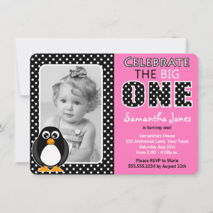 Cute Penguin First Birthday Party Pink Invitation