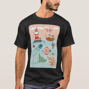 Cute Penguin Fishing Cartoon Illustration T-Shirt