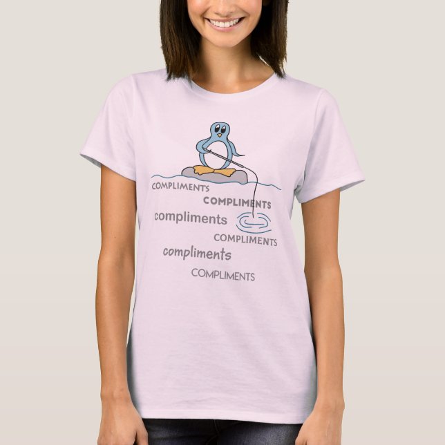 Cute Penguin Fishing for Compliments Metaphor T-Shirt (Front)