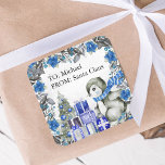 Cute Penguin From Santa Kids Christmas Square Sticker<br><div class="desc">Cute kids christmas stickers featuring a washed out grey background,  elegant watercolor xmas blue florals & foliage,  adorable baby penguins,  xmas tree,  gifts,  and a text template for you to customise.</div>