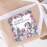 Cute Penguin From Santa Kids Christmas Square Sticker<br><div class="desc">Cute kids christmas stickers featuring a washed out grey background,  elegant watercolor xmas pink florals & foliage,  adorable baby penguins,  xmas tree,  gifts,  and a text template for you to customise.</div>