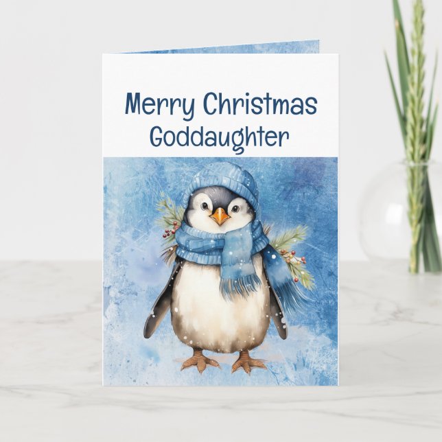 Cute Penguin Fun Animal Goddaughter Christmas Card (Front)