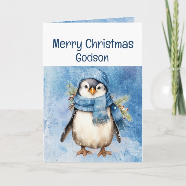 Cute Penguin Fun Animal Godson Christmas Card (Front)