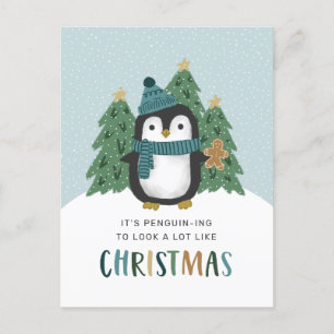 Cute Penguin Funny Penguin-ing Christmas   Holiday Postcard