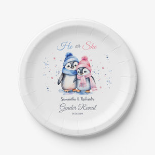 Cute Penguin Gender Reveal He or She Winter Fall Paper Plate