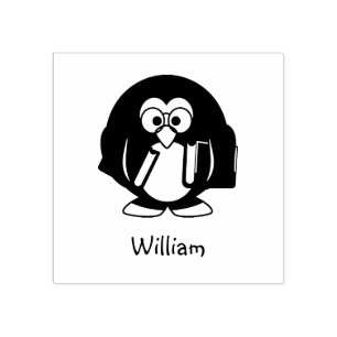 Cute Penguin Glasses Holding Books Custom Name Rubber Stamp