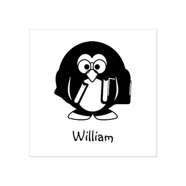 Cute Penguin Glasses Holding Books Custom Name Rubber Stamp (Imprint)
