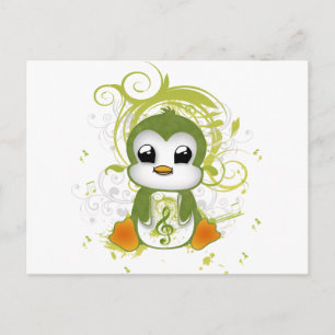 Cute penguin green fluffy effect music note swirls postcard