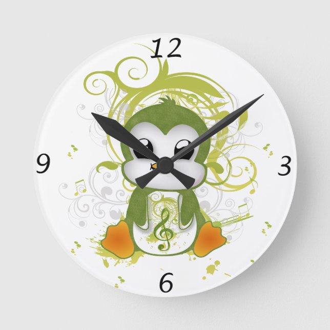 Cute penguin green fluffy effect music note swirls round clock (Front)