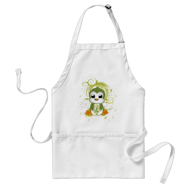 Cute penguin green fluffy effect music note swirls standard apron (Front)