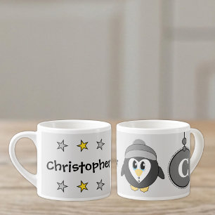Cute penguin grey yellow with stars child's espresso cup