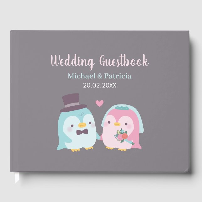 Cute Penguin Groom and Bride Love Birds Wedding Guest Book (Front)