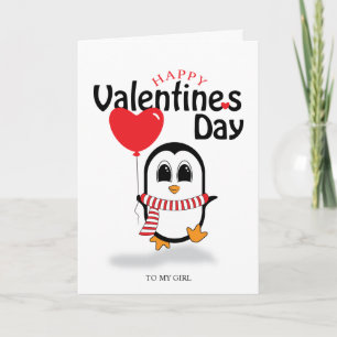 Cute Penguin Heart Balloons Valentine's Card