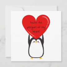 Cute penguin holding a big red heart - square card