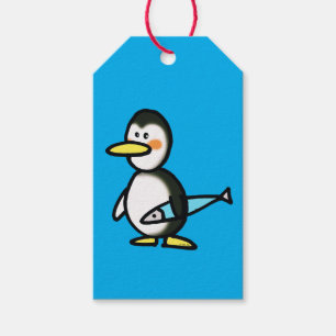Cute Penguin Holding a Blue Fish Gift Tags