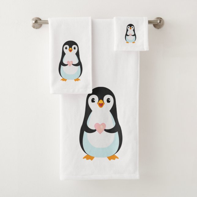 Cute Penguin Holding a Heart on White Bath Towel Set (Insitu)