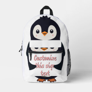 Cute penguin holding a sign for personalized text printed backpack