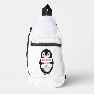 Cute penguin holding a sign for personalized text sling bag