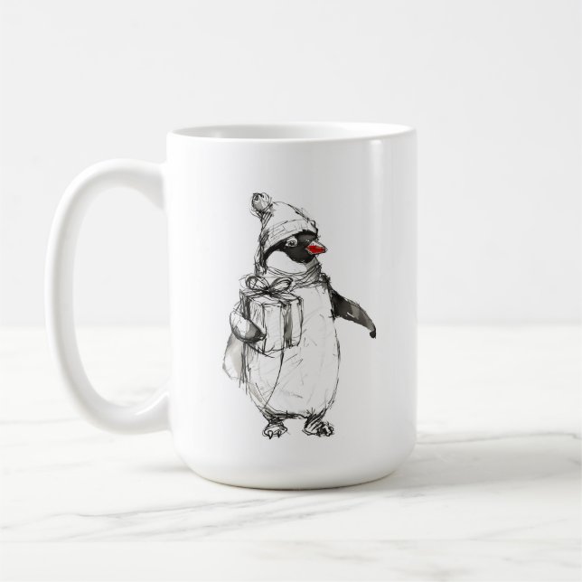 Cute Penguin Holding Gift Coffee Mug (Left)