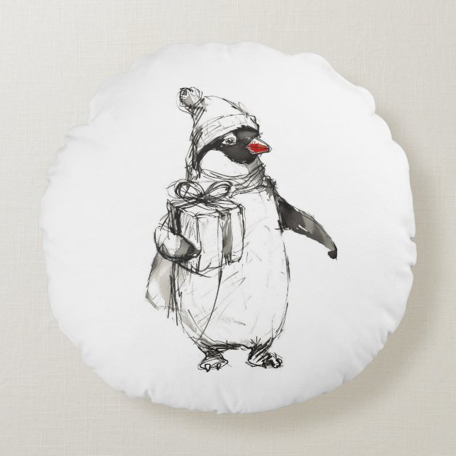 Cute Penguin Holding Gift Round Cushion (Front)