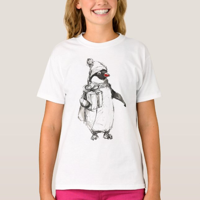 Cute Penguin Holding Gift T-Shirt (Front)