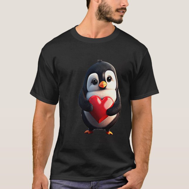 Cute Penguin Holding Heart Valentine's Day Love V  T-Shirt (Front)
