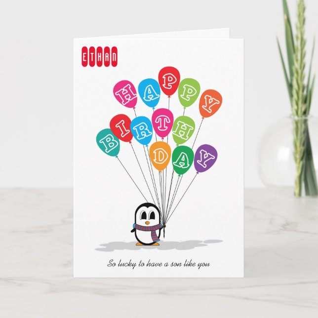 Cute Penguin Holds Colourful Balloons Birthday Car Card (Front)