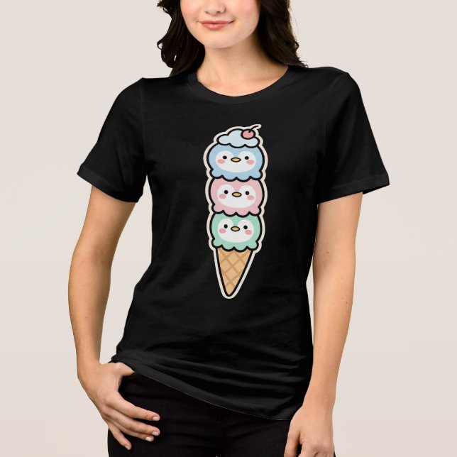 Cute Penguin Ice Cream Stack Design Tri-Blend Shirt (Front)