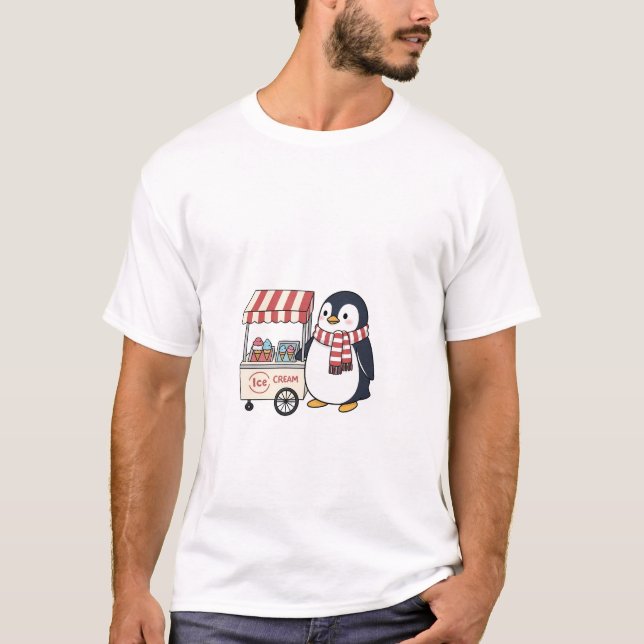 Cute Penguin Ice Cream Vendor Cartoon Character T-Shirt (Front)