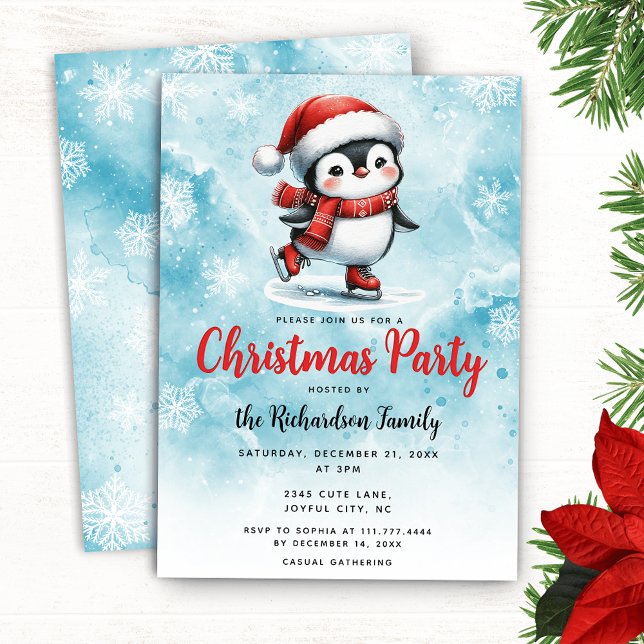 Cute Penguin Ice Skater Blue Red Festive Christmas Invitation (Creator Uploaded)