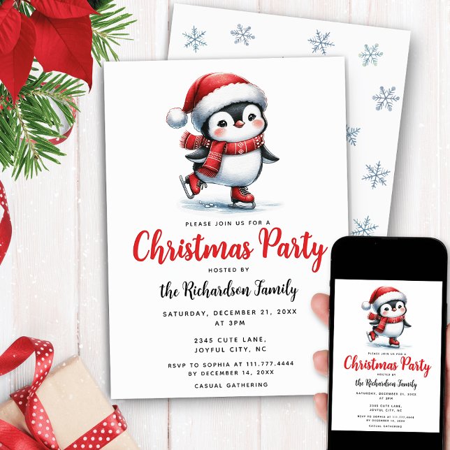 Cute Penguin Ice Skater Festive Christmas Invitation (Creator Uploaded)
