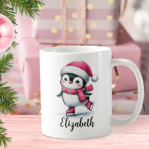Cute Penguin Ice Skating Custom Pink Christmas Coffee Mug