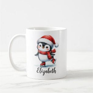 Cute Penguin Ice Skating Custom Red Christmas Coffee Mug