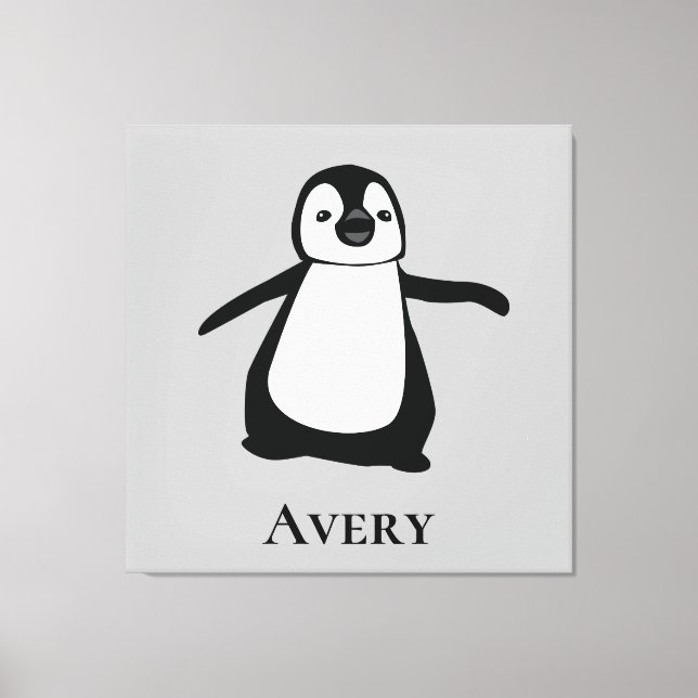 Cute Penguin Illustration Black and White Canvas Print (Front)