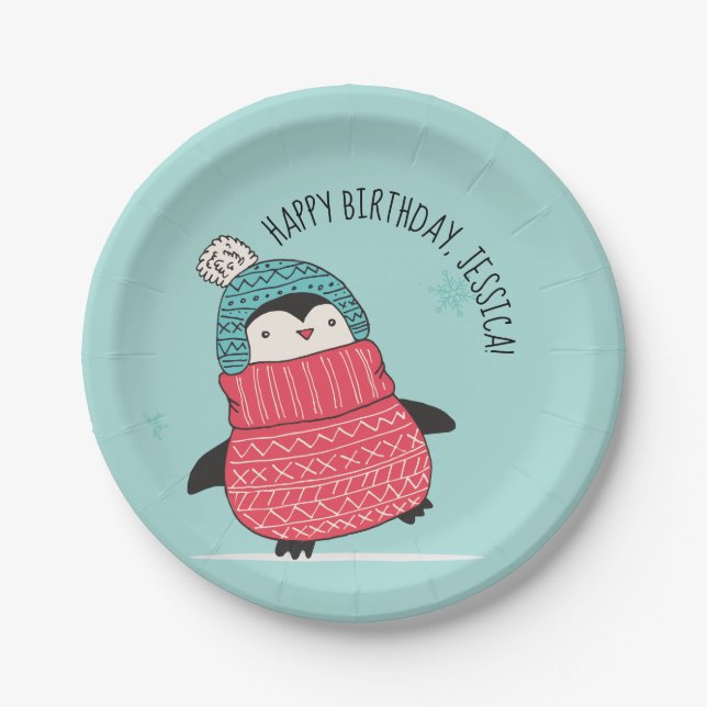 Cute Penguin in a Sweater Personalised Paper Plate (Front)