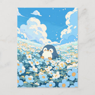 Cute Penguin in Blue Flower Meadow Postcard