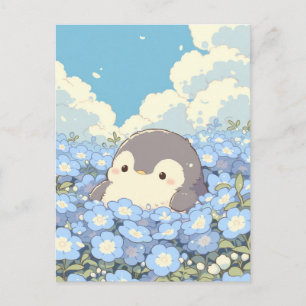 Cute Penguin in Blue Flower Meadow Postcard