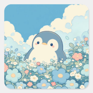 Cute Penguin in Blue Flower Meadow Square Sticker