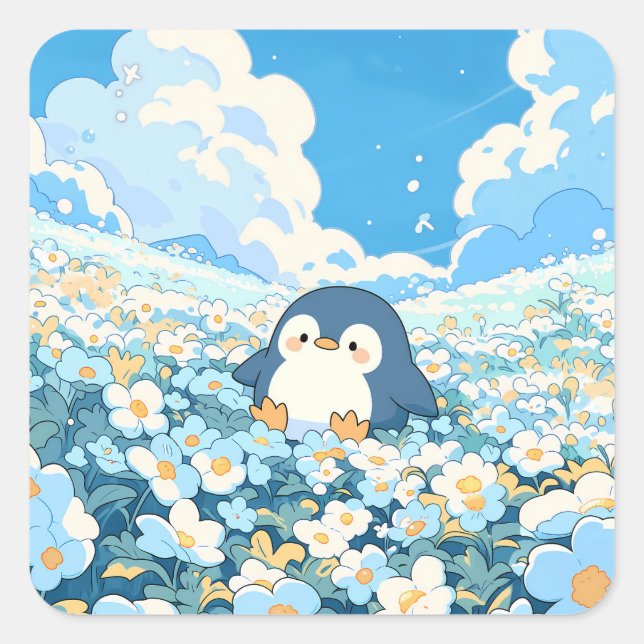 Cute Penguin in Blue Wildflower Field Square Sticker (Front)