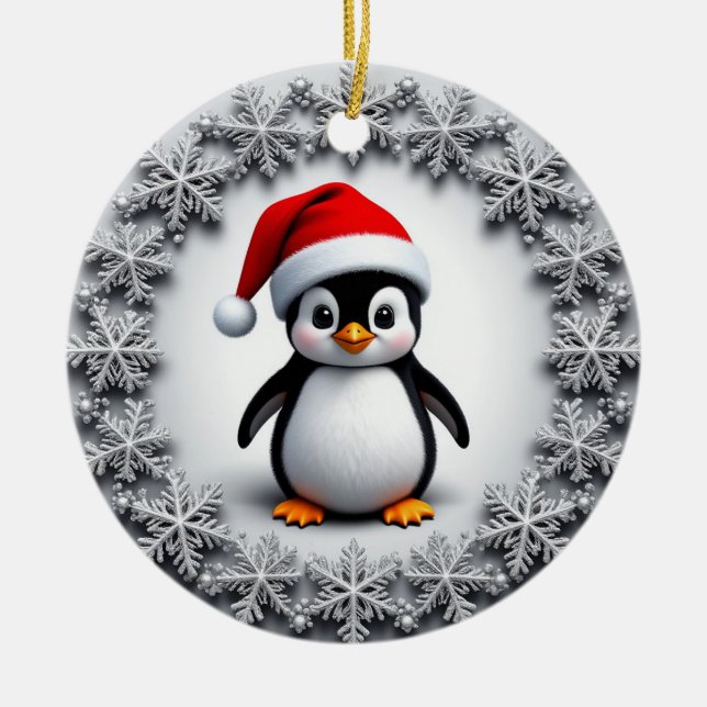 Cute Penguin in Christmas Hat Festive Snowflakes Ceramic Tree Decoration (Front)