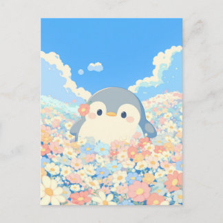Cute Penguin in Colorful Spring Meadow Postcard