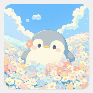Cute Penguin in Colorful Spring Meadow Square Sticker