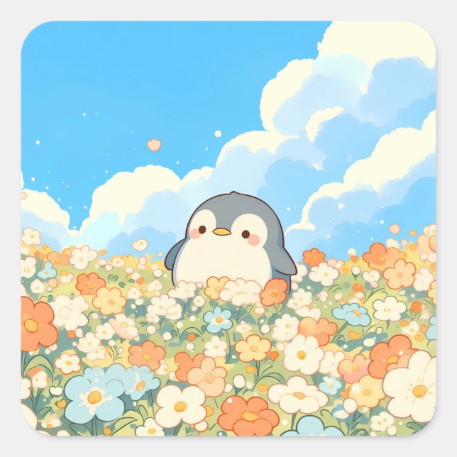 Cute Penguin in Colorful Wildflower Meadow Square Sticker (Front)
