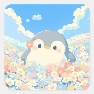 Cute Penguin in Colourful Spring Meadow Square Sticker