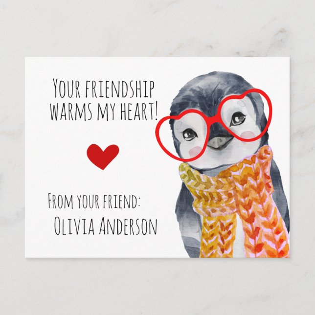 Cute Penguin in Glasses Kids Friends Valentines  Postcard (Front)