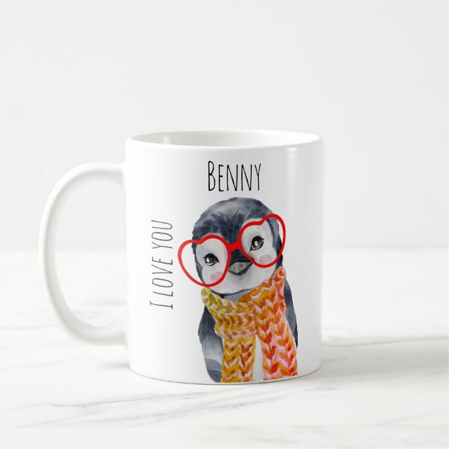 Cute Penguin in Glasses Love You for Kids Name Coffee Mug (Left)