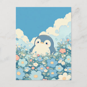 Cute Penguin in Pastel Flower Meadow Postcard