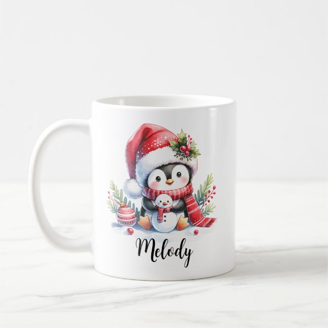 Cute Penguin in Red Custom Name Christmas Coffee Mug (Left)