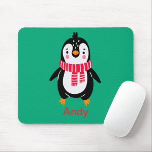 Cute Penguin in Red Stripes Scarf Mouse Mat